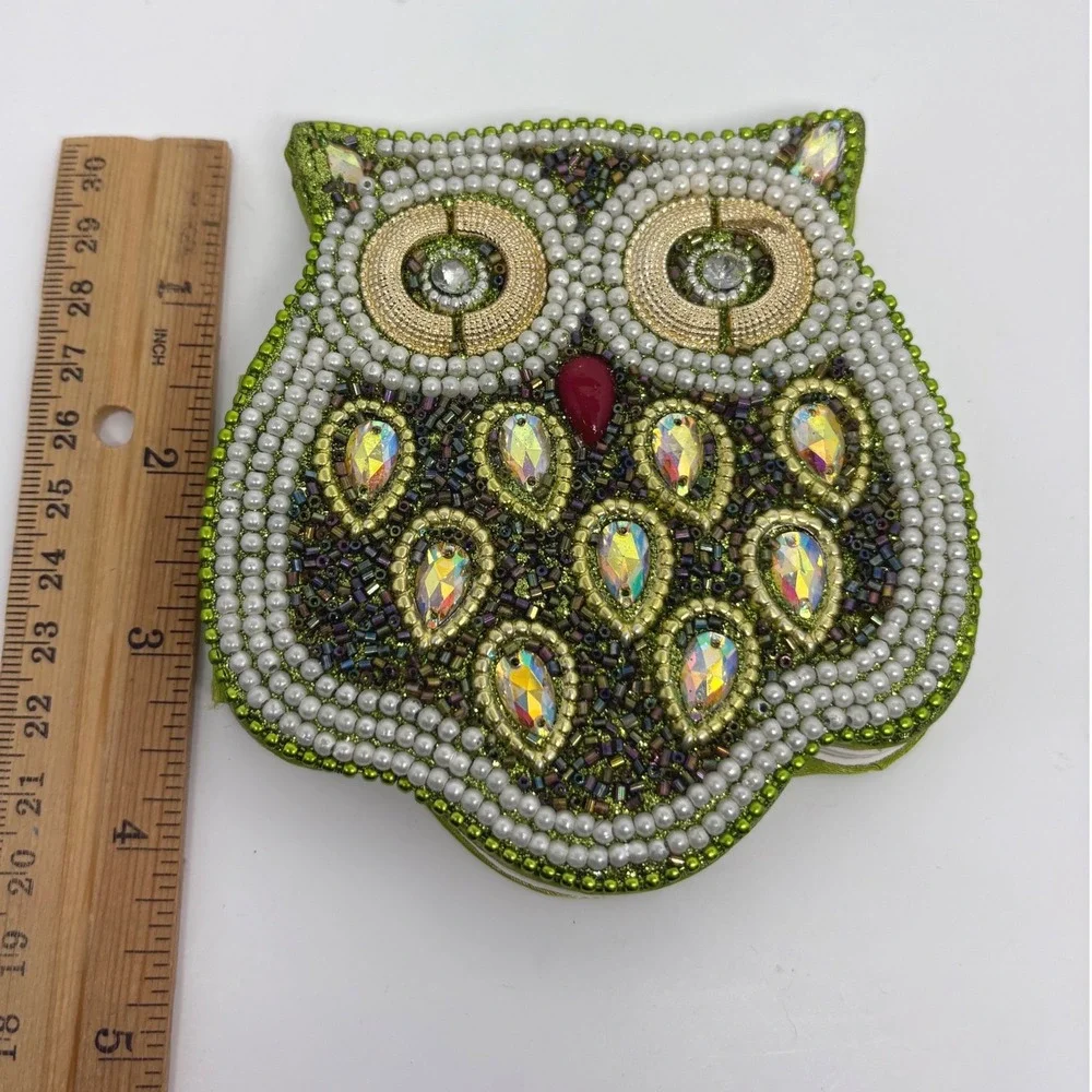 Green Beaded Owl Shaped Notebook Whimsical Iridescent Rhinestone Pearl Journal